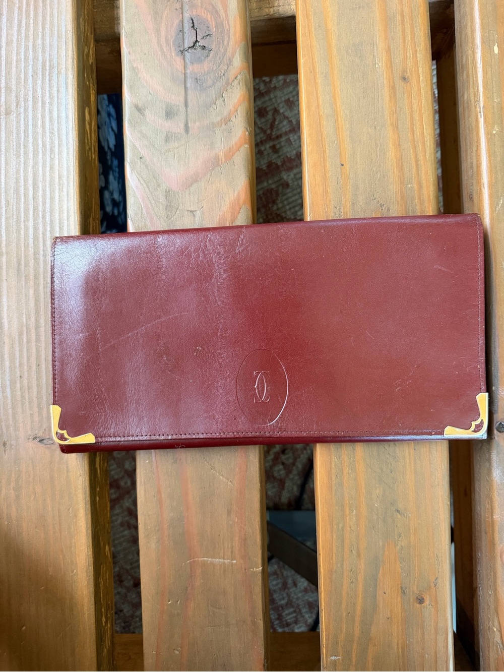 Vintage Cartier Burgundy Leather  clutch with Gold Corner Accents